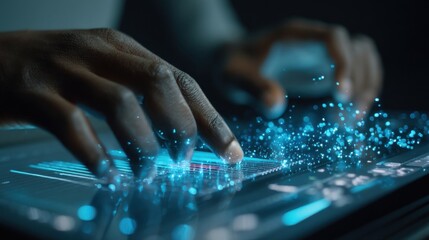 A detailed look at an operators hands manipulating virtual sliders on a touchscreen finetuning the takt time algorithm while digital metrics morph instantaneously on screen.