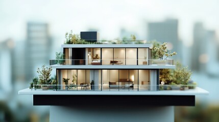 A premium architectural model of a high-end urban penthouse on blurred background