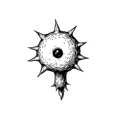 Eerie singular eyeball illustration with thorns evokes a surreal and unsettling visual experience