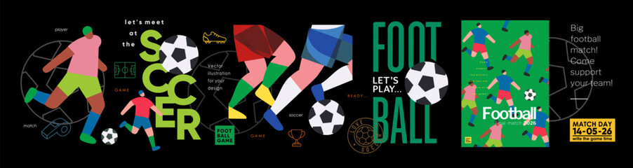 Football and soccer. Vector abstract illustration of soccer game on stadium, match day, sportsman, tournament, event and player for icons, poster, cover, background or banner © Ardea-studio