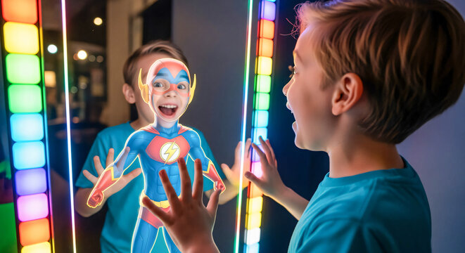Augmented Reality Fun: Boy Interacting with Digital Superhero Mirror