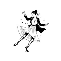 Elegant monochrome depiction of a woman dancing gracefully in fashionable attire showcasing