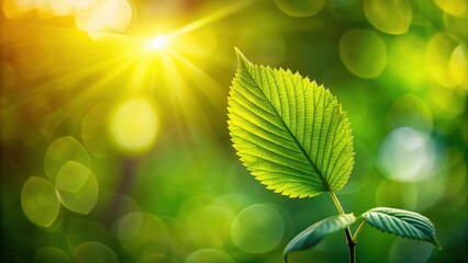 Naklejka premium A single vibrant green leaf basks in the warm glow of sunlight, surrounded by a bokeh-filled backdrop of lush foliage