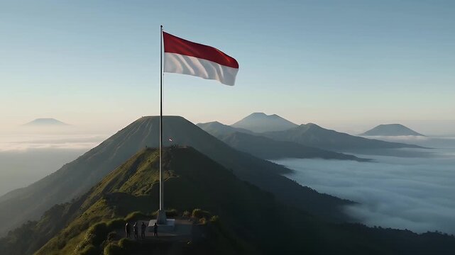 Indonesian Flag Waving Majestically Over Volcanic Landscape at Sunrise