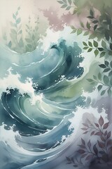 Watercolor Waves and Foliage