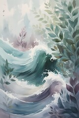Watercolor Waves and Foliage