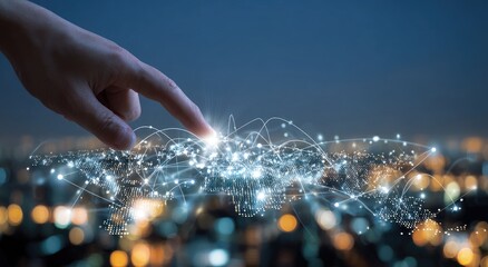 A hand touches a glowing network map above a city skyline
