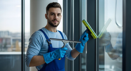 Professional Male Worker Cleaning Windows with Squeegee and Scrubber