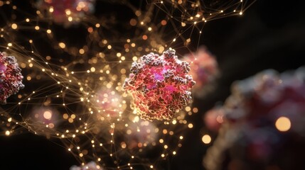 Fototapeta premium Artistic representation of antibodies cloaking a virus in a radiant mesh emphasizing immune defense mechanisms with glowing particle effects.