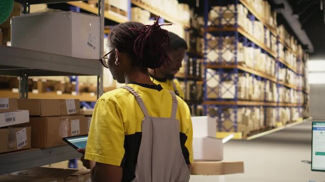 African american worker processing merchandise for business logistics system, busy warehouse space with industrial racks. Shipping protocols in online retail fulfillment center. Camera A.
