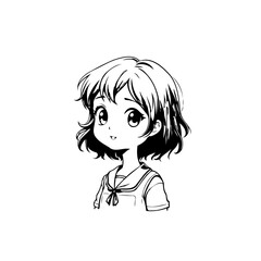 Illustration of a cute manga style schoolgirl with expressive eyes and stylized features in black