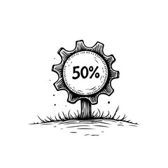 Illustrative depiction of fifty percent off promotion represented by a cogwheel symbol set against