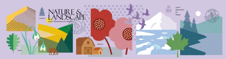 Wandcirkels Purper Nature. Vector modern abstract geometric illustrations of sand dune, fields, birds, glacier, flowers, leaf, snowdrop and landscape with lake, mountains and fir tree for poster, banner or background  © Ardea-studio