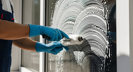 Professional window cleaning process with gloved hands and soapy suds