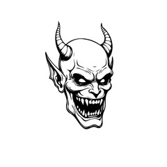 Intense monochrome representation unveils the menacing visage of a horned demonic entity in stark