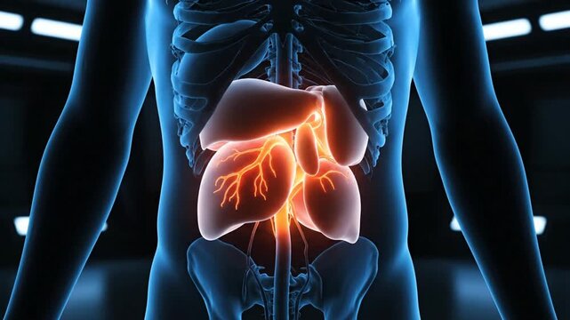 Detailed 3D Medical Animation of Human Digestive System with Glowing Liver Stomach and Intestines Visualized Against Dark Background Perfect for Anatomy Science and Healthcare Concept