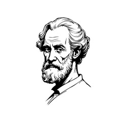 Intricate linework portrait of thoughtful mature man showcasing facial details and hair volume