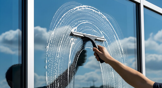 Professional Window Cleaning with a Squeegee Against a Bright Blue Sky