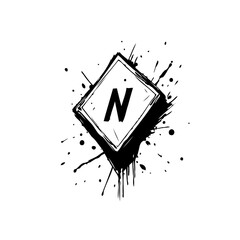 Letter N within a grungy black and white square emblem style design offering dynamic aesthetic