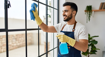 A happy young man diligently cleaning a window with spray and cloth, showcasing efficient home maintenance.