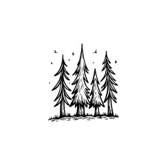 Obraz premium Minimalist forest illustration with conifers and flying birds evokes tranquil nature scene and