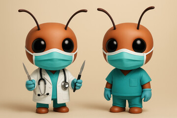 Labor Day Healthcare Concept: Cute Ant Doctor and Nurse - 3D Illustration