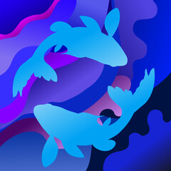 vector background depicting a pair of fish playfully swimming among flowing waves in soothing blue tones, blending elegance and tranquility with artistic design.