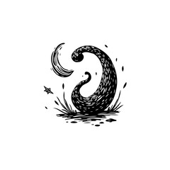 Naklejka premium Mystical night scene featuring a stylized crescent moon a strange creature and a distant star in