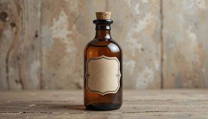 Vintage Brown Apothecary Bottle Mockup with Cork Stopper and Blank Label – Herbal Medicine and Essential Oil Packaging Design