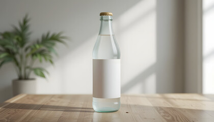 Transparent Glass Bottle with Blank Label Mockup in Natural Light – Clean Packaging Design Template for Branding