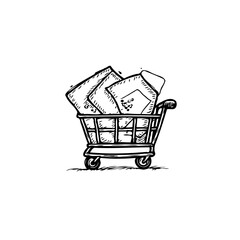 Sketch depiction of a miniature shopping cart filled with packaged goods representing consumerism