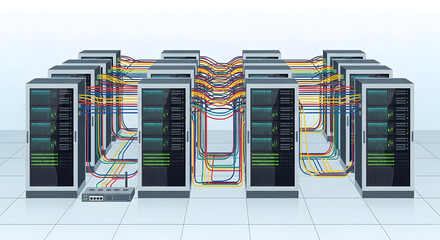 Naklejka premium data center servers connected by colorful cables