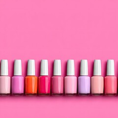Nail Polish Bottles in a Row on Pink Background