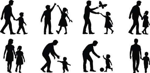 Father and child silhouettes, family bonding moments, parenting activities, walking, playing, holding hands, flat vector illustration, black family icon.