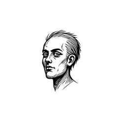 Striking monochrome portrait of a person with intense gaze and distinct features conveys