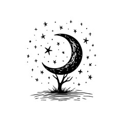 Stylized crescent moon nestled atop a minimalist tree beneath a canopy of whimsical scattered