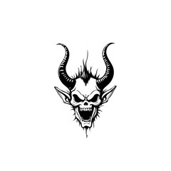 Stylized demon illustration depicting a sinister face with horns and sharp teeth embodying