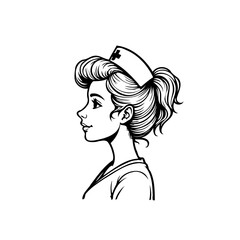 Stylized vector illustration depicting a vintage nurse with a sophisticated hairstyle and attire