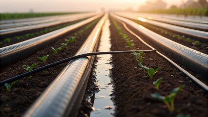 Naklejka premium Solar Powered Irrigation System with Tubing in Agricultural Fields