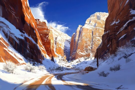 Winter Canyon Road: Dramatic Landscape Painting of Snow-Covered Red Rock Cliffs