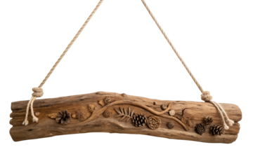 Hand-carved rustic wooden sign with natural forest elements, featuring pinecones and acorns, suspended by rope
