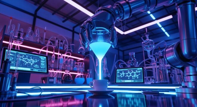 Futuristic laboratory scene featuring a robotic arm delicately pouring a stream of glowing liquid into a cup, bathed in neon light.