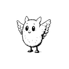 Whimsical Creature Illustration with Winged Features and Smiling Face: A Line Art Fantasy Drawing