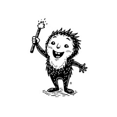 Whimsical furry character joyfully wielding a sparkling wand in a black and white illustration style