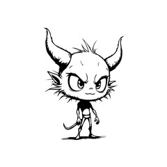 Whimsical horned cartoon character embodying mischief and fantasy on white with detailed sketch
