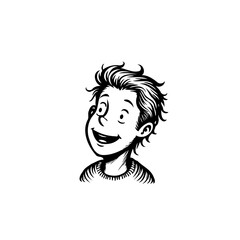 Whimsical inked portrait depicts an endearing young boy with a gleeful expression against a clean