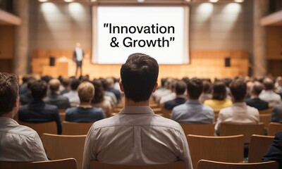 Audience viewing presentation on innovation and growth in conference hall