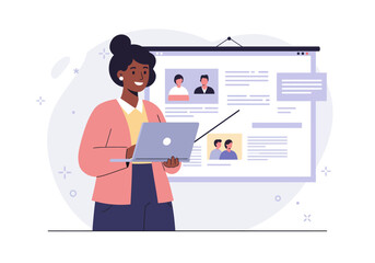 Businesswoman giving a presentation using laptop and whiteboard.