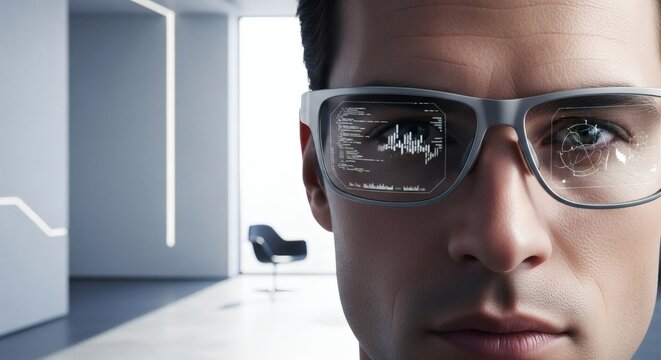 Close-up of a man wearing smart glasses displaying data and charts, indicating futuristic technology and data-driven decision-making. - Powered by Adobe
