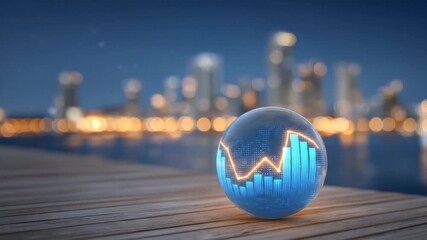 Glowing Financial Graph in Glass Sphere on Wooden Dock with City Skyline Background. - Powered by Adobe